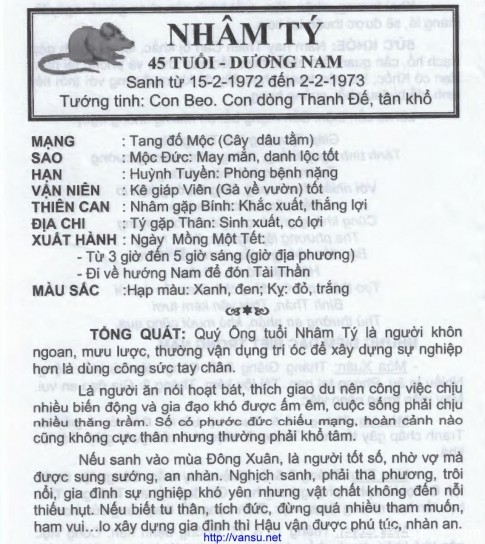 Tu vi nam 2016 tuoi Nham Ty 1972 nam mang nu mang