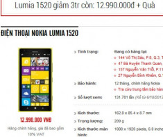 Nokia Lumia 1520 chính hãng giảm giá tới 3 triệu đồng
