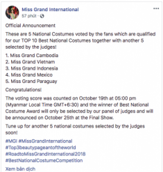 Phương Nga đứng thứ 2 trong 5 bộ trang phục dân tộc được bình chọn nhiều nhất tại Miss Grand International 2018