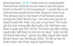 Seungri chúc mừng U23 Việt Nam, nói “Việt Nam vô địch” cực dễ thương
