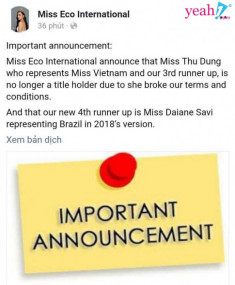 Thư Dung tiếp tục bị thu hồi danh hiệu Á hậu 2 “Miss Eco International 2018”