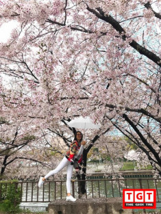 Á hậu Lệ Hằng khoe ảnh selfie đẹp rạng rỡ, thuởng ngoạn hoa anh đào tại Nhật Bản