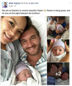 Nick Vujicic hạnh phúc khoe quí tử thứ 2 vừa chào đời