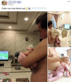 Ông bố doanh nhân thành đạt hơn vợ 25 tuổi tay bế con cho bú, mắt đảo xem World Cup