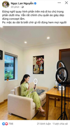 Ở nhà livestream, Ngọc Lan vẫn diện áo dài đi giày cao gót chỉnh tề