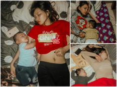 Dỗ con ngủ rồi nằm sõng soài, mẹ bỉm đỏ mặt khi xem hình trong điện thoại chồng