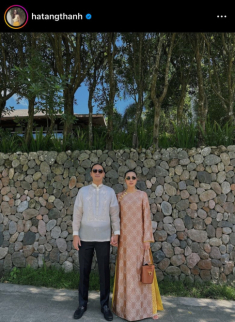 Vợ chồng Tăng Thanh Hà đi ăn cưới: Vợ “chung tình” với áo dài Việt, chồng mặc trang phục Philippines