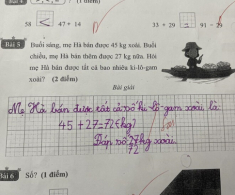 “Buổi sáng mẹ bán 45kg xoài, buổi chiều 27kg. Hỏi mẹ bán được tất cả bao nhiêu?”, học sinh trả lời 72kg bị cô gạch sai