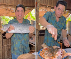 Tài tử ở nhà vườn 6.000m2 vác nồi siêu to ra nấu con cá chẽm 5kg, nhận “mưa” like