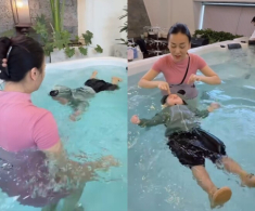 Phương Oanh khoe con trai hơn 1 tuổi đã bơi được nửa bể, quý tử của Shark Bình khiến mọi người “thót tim”