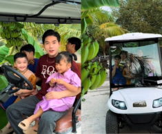 Thanh Đoàn - Hà Trí Quang đưa 2 con đi thu hoạch trái cây nhà trồng, vườn rộng đến mức phải dùng xe điện để di chuyển