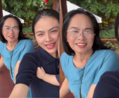 Vân Trang khoe mẹ ruột trẻ trung như hai chị em, quý tử nghe bà kêu liền cười toe toét lộ răng sữa đáng yêu