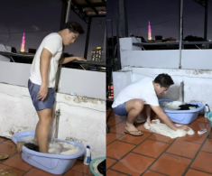 Chồng Thanh Trúc đi làm về ngồi giặt quần áo cho vợ, làm bố bỉm bế bồng con gái vẫn chăm làm việc nhà