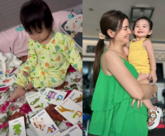 Con gái Kha Ly hơn 1 tuổi đã học bài cực thông minh, đã quen ở cùng bà ngoại lúc bố mẹ công tác ở trời Tây