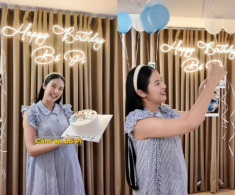 Hoa hậu Ngọc Hân bế con tổ chức sinh nhật cho chồng, quý tử 1 tháng tuổi hưởng gen mũi cao của bố